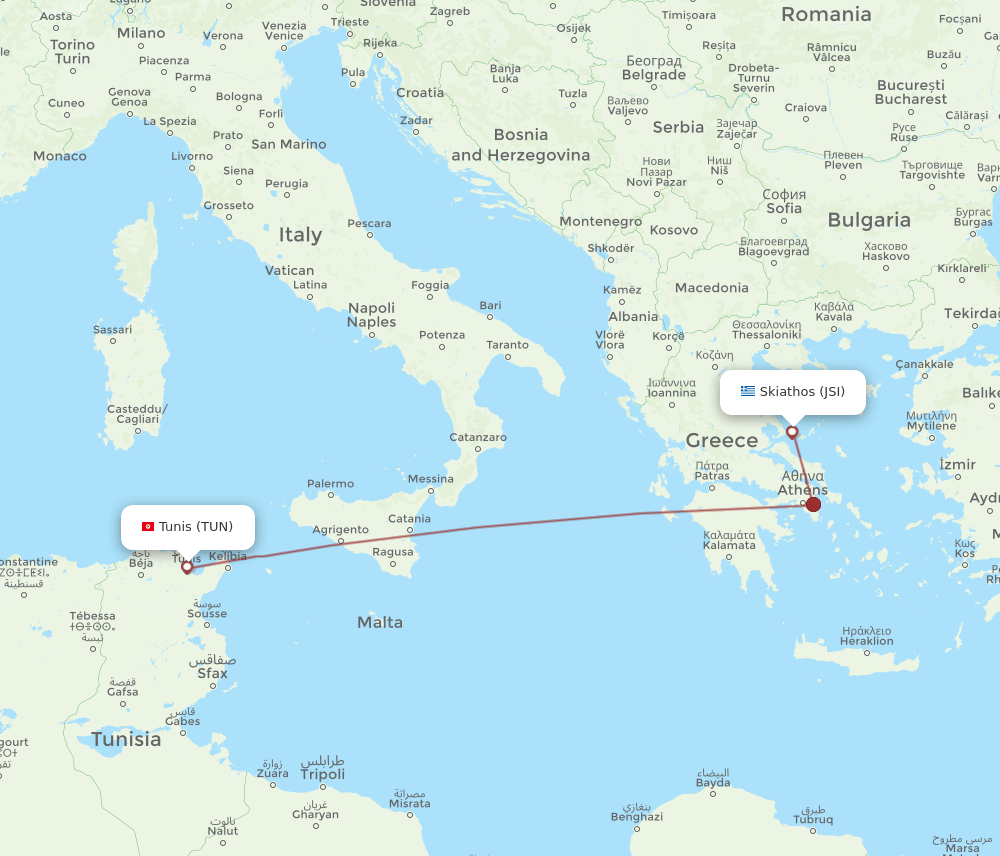 Tunis - Skiathos route map and flight paths