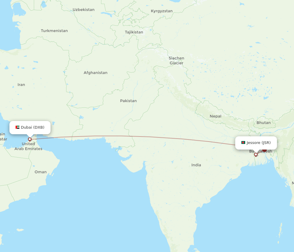 JSR to DXB flights and routes map