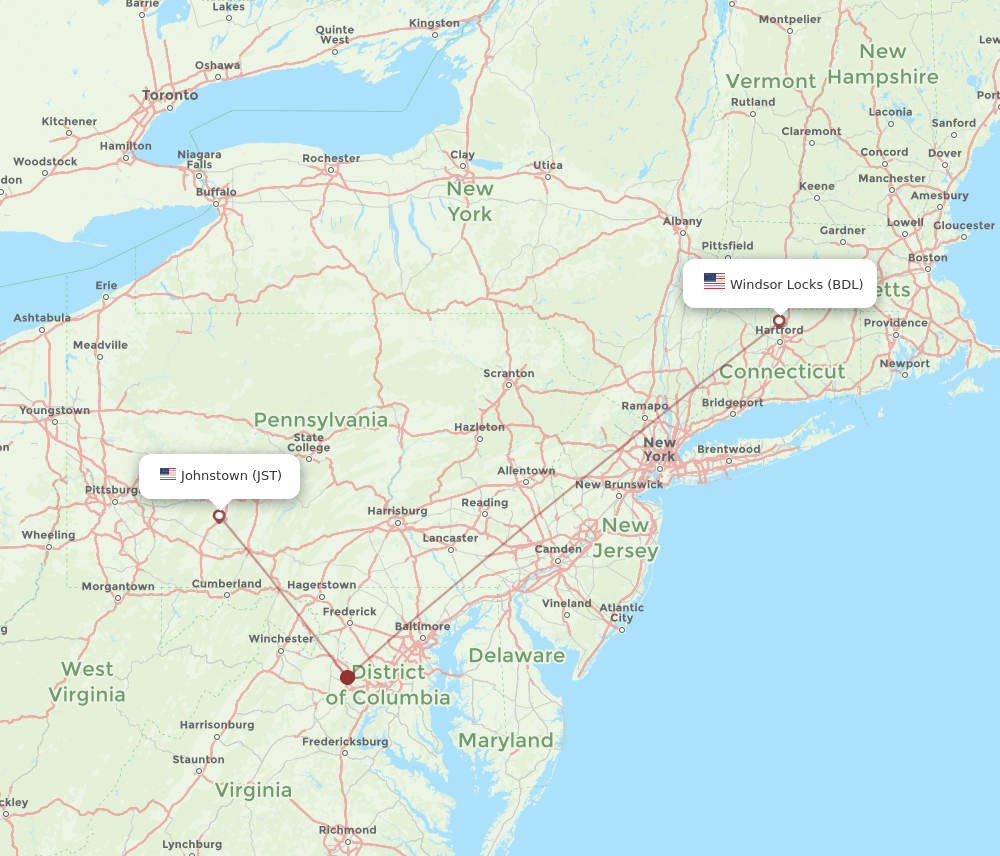 JST to BDL flights and routes map