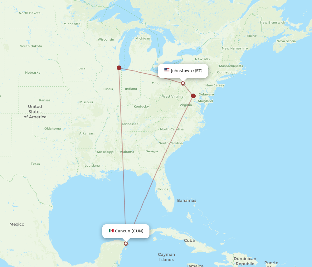 JST-CUN flight routes