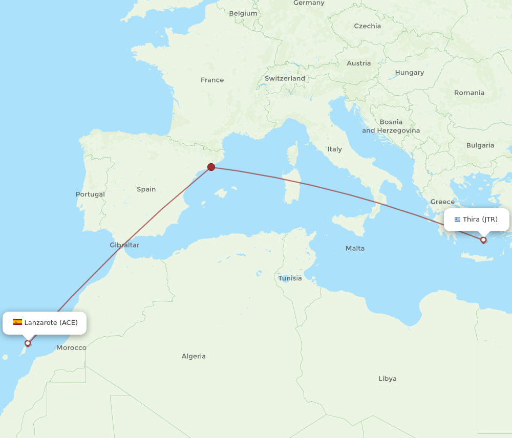 ACE to JTR flights and routes map