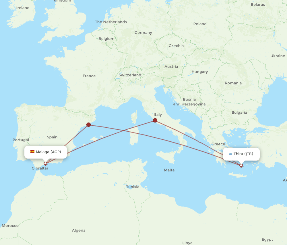 AGP to JTR flights and routes map