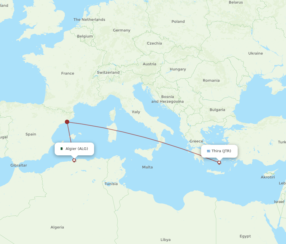 Algiers - Thira route map and flight paths