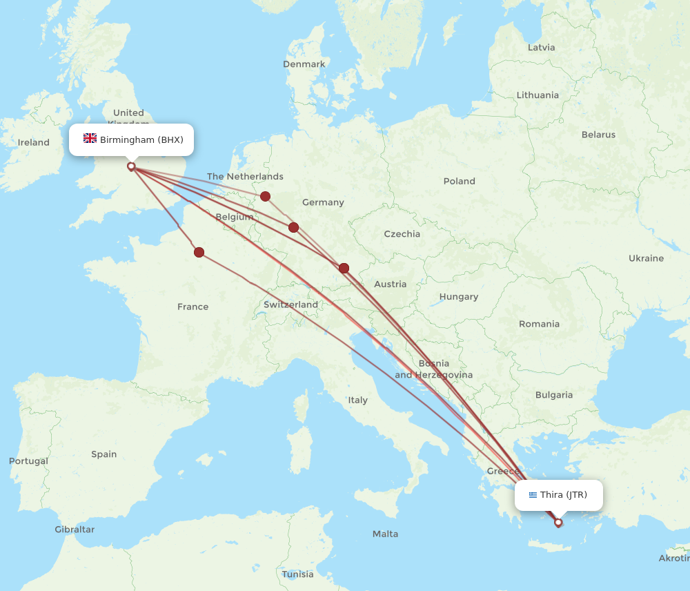 JTR to BHX flights and routes map