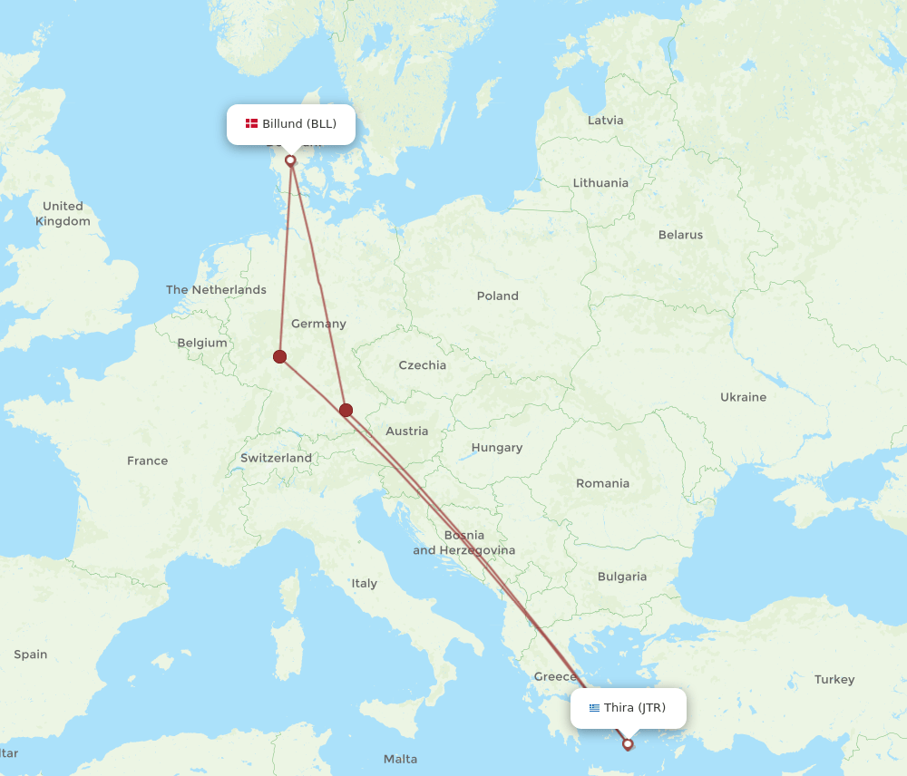JTR to BLL flights and routes map