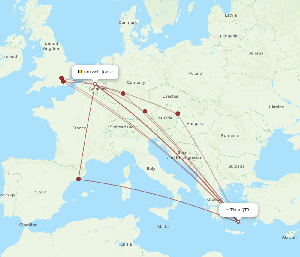 JTR to BRU flights and routes map