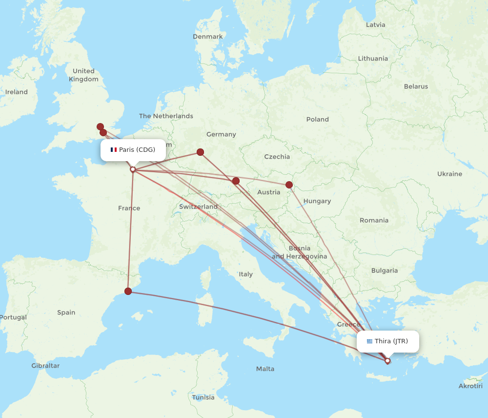 JTR to CDG flights and routes map