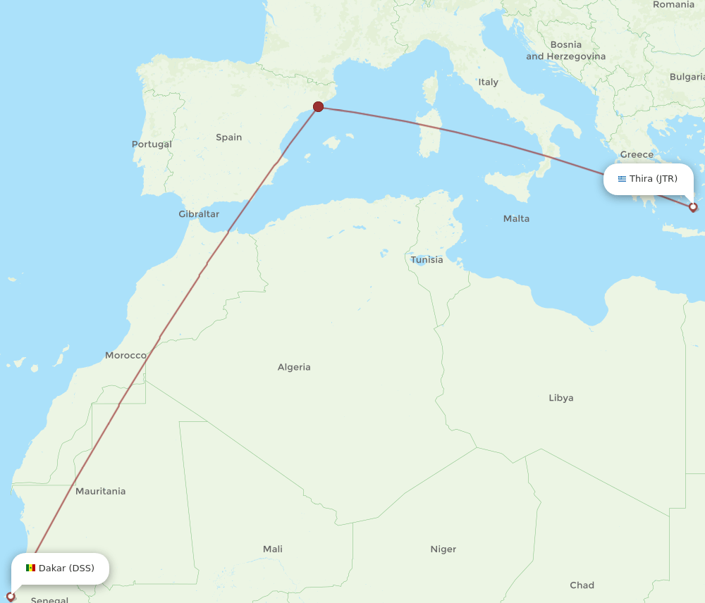 Dakar - Thira route map and flight paths