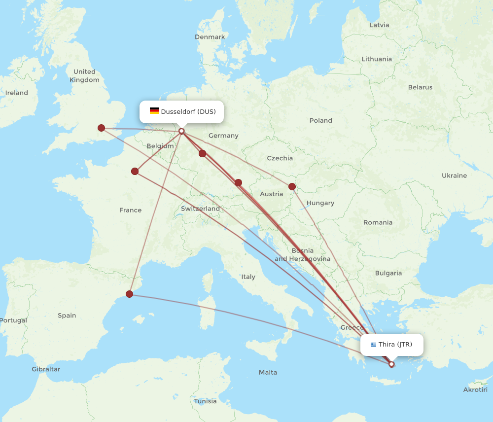 JTR to DUS flights and routes map