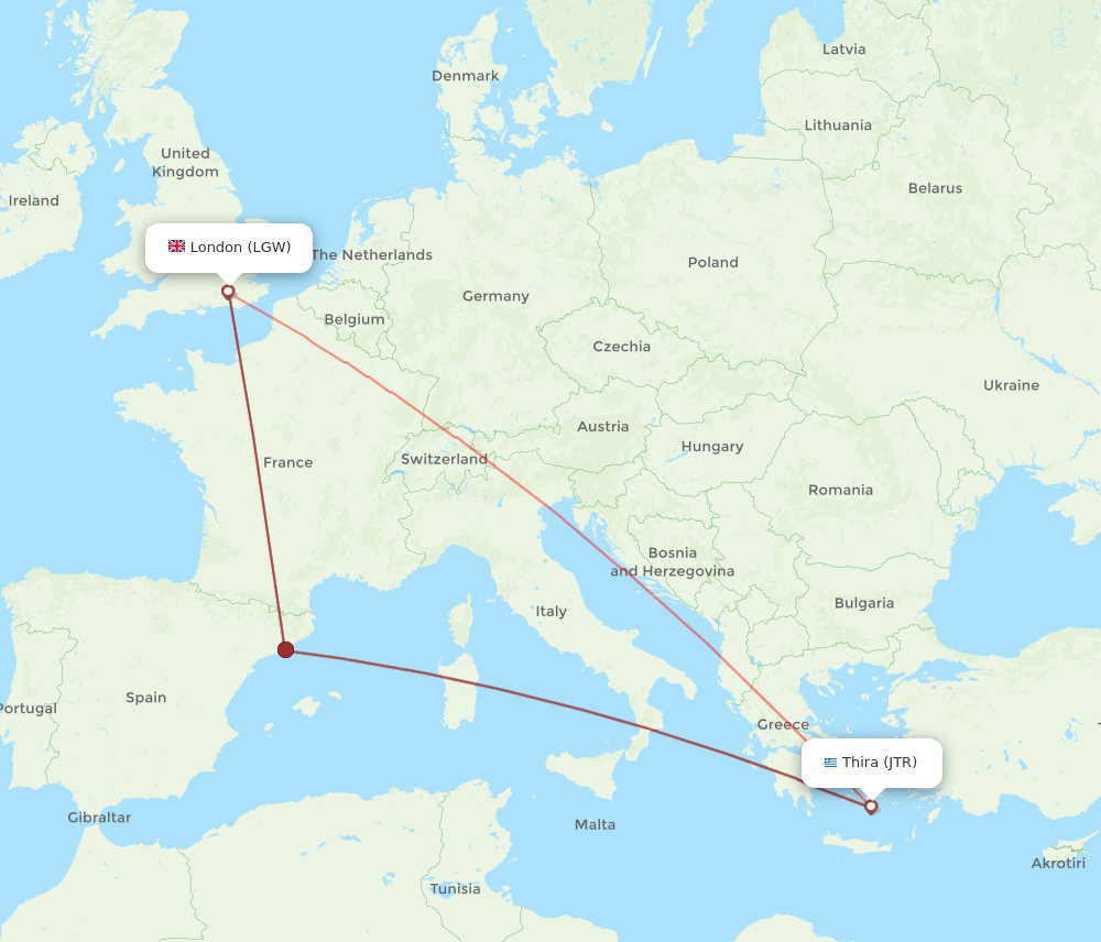 JTR to LGW flights and routes map