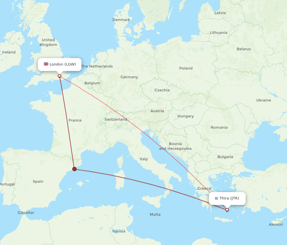 JTR to LGW flights and routes map