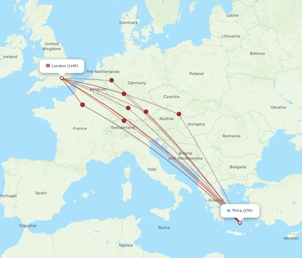 JTR to LHR flights and routes map