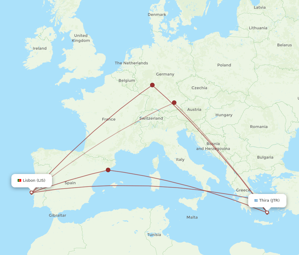 JTR to LIS flights and routes map