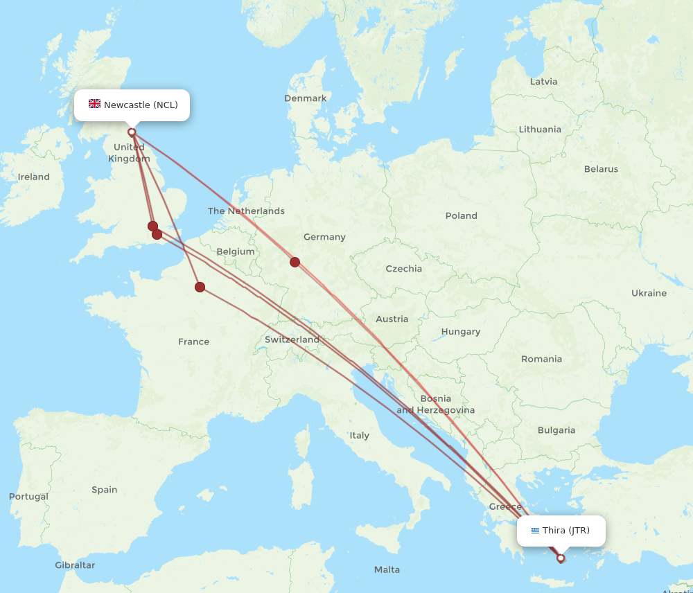 JTR to NCL flights and routes map