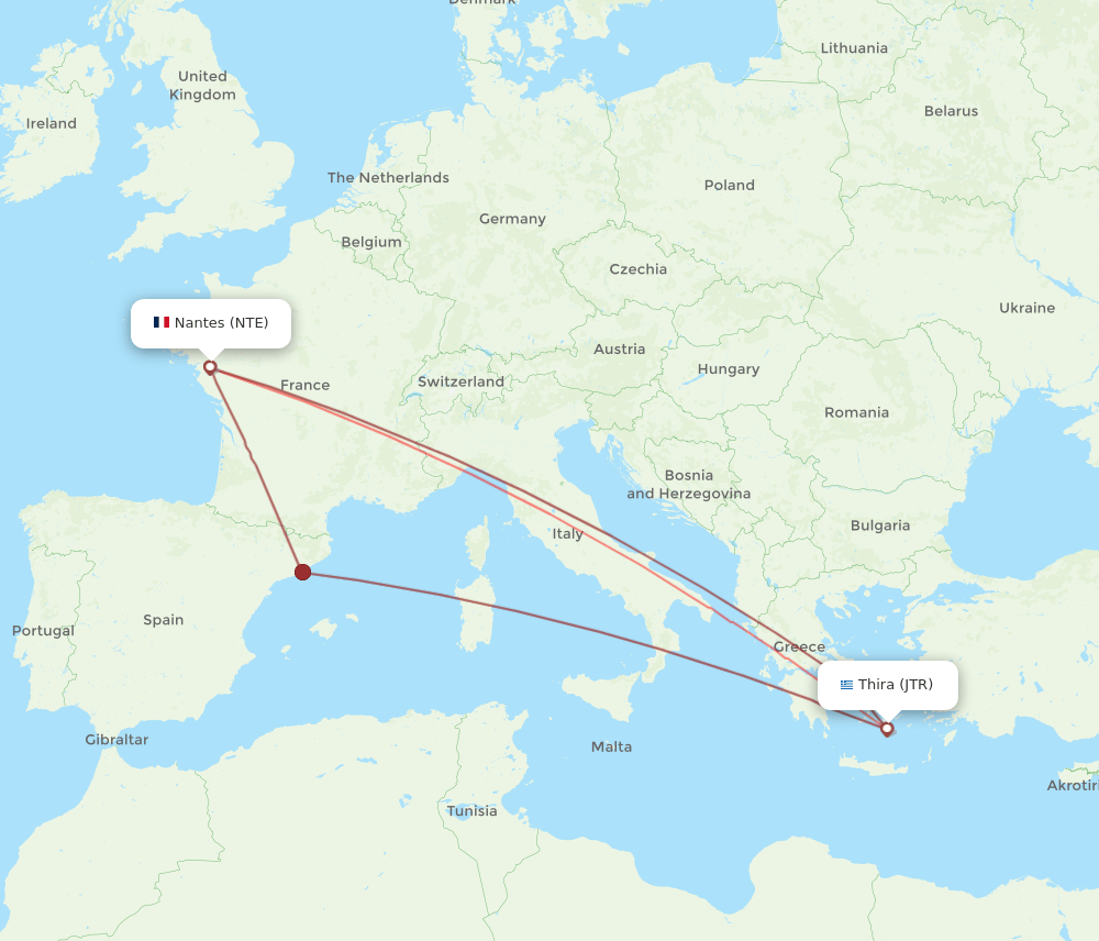 JTR to NTE flights and routes map