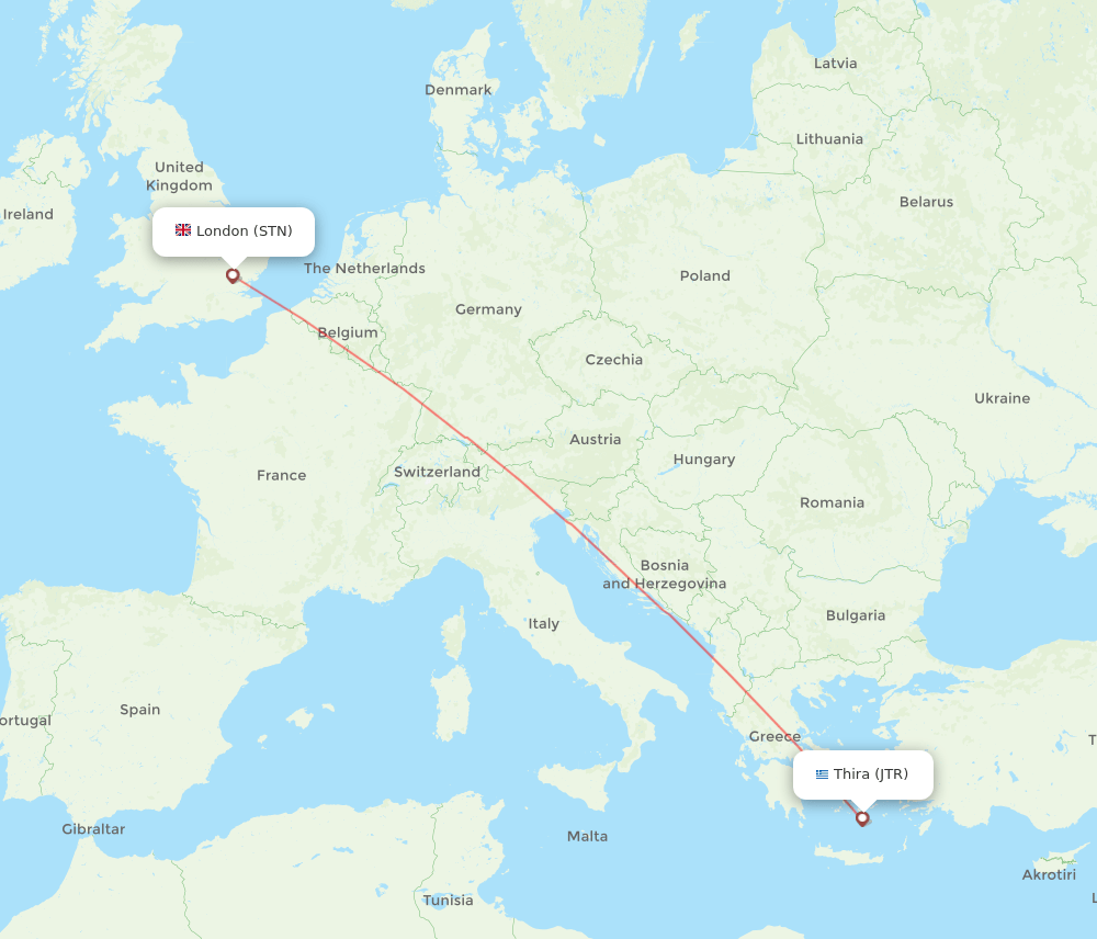 Thira - London route map and flight paths