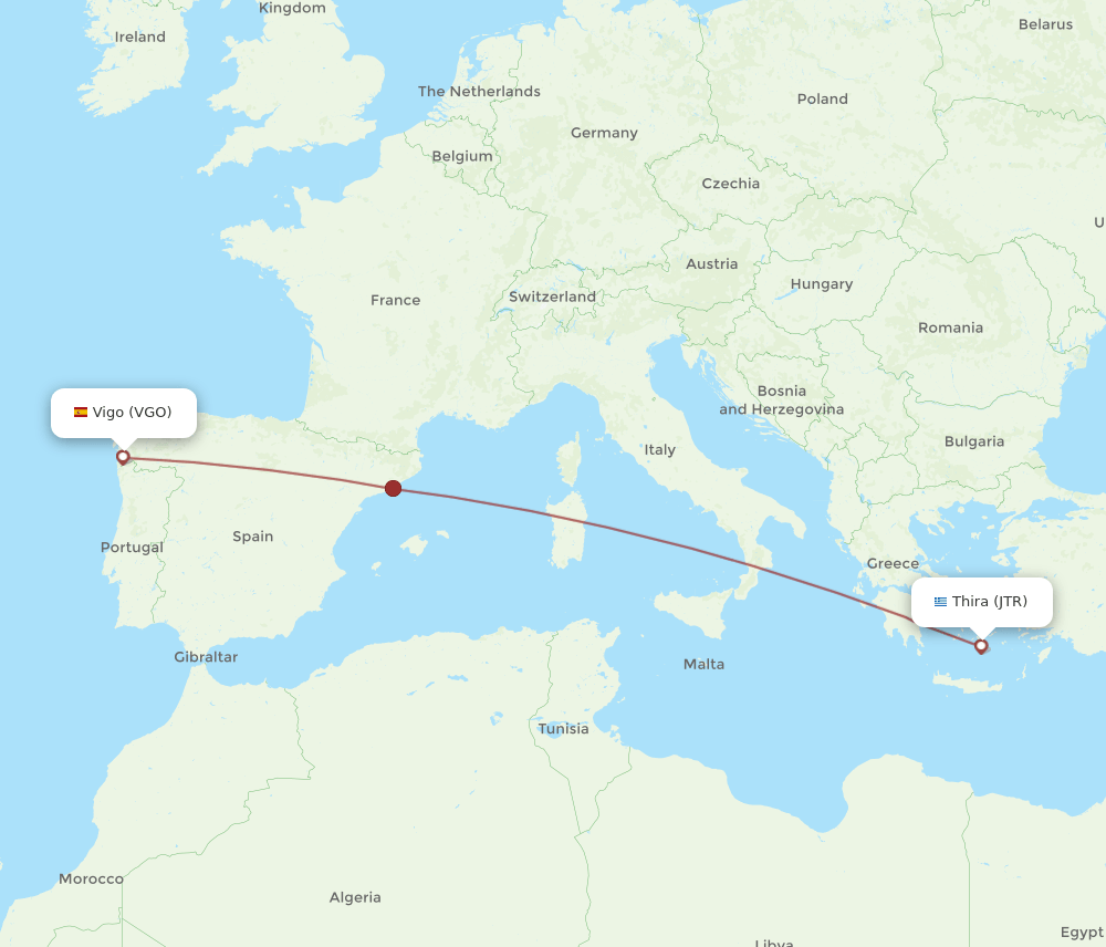 VGO to JTR flights and routes map