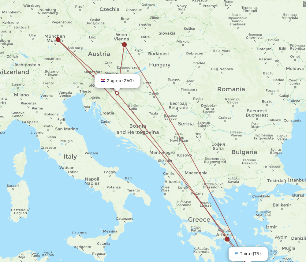ZAG to JTR flights and routes map