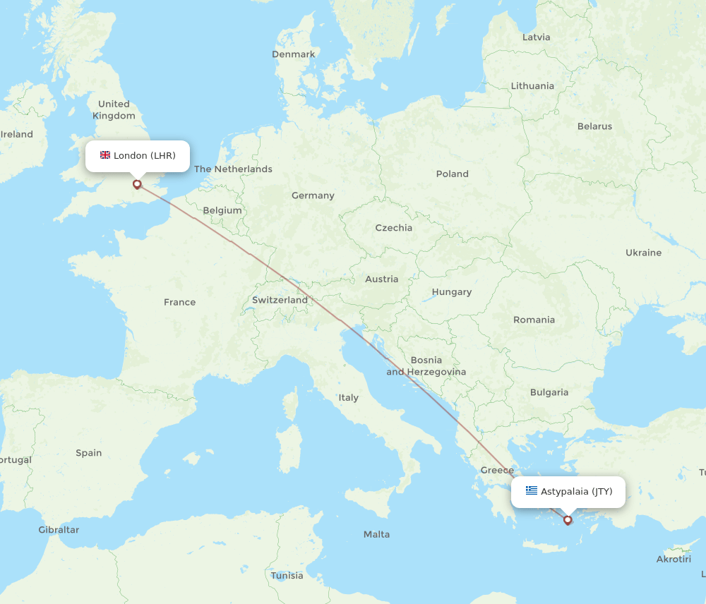 London - Astypalaia Island route map and flight paths