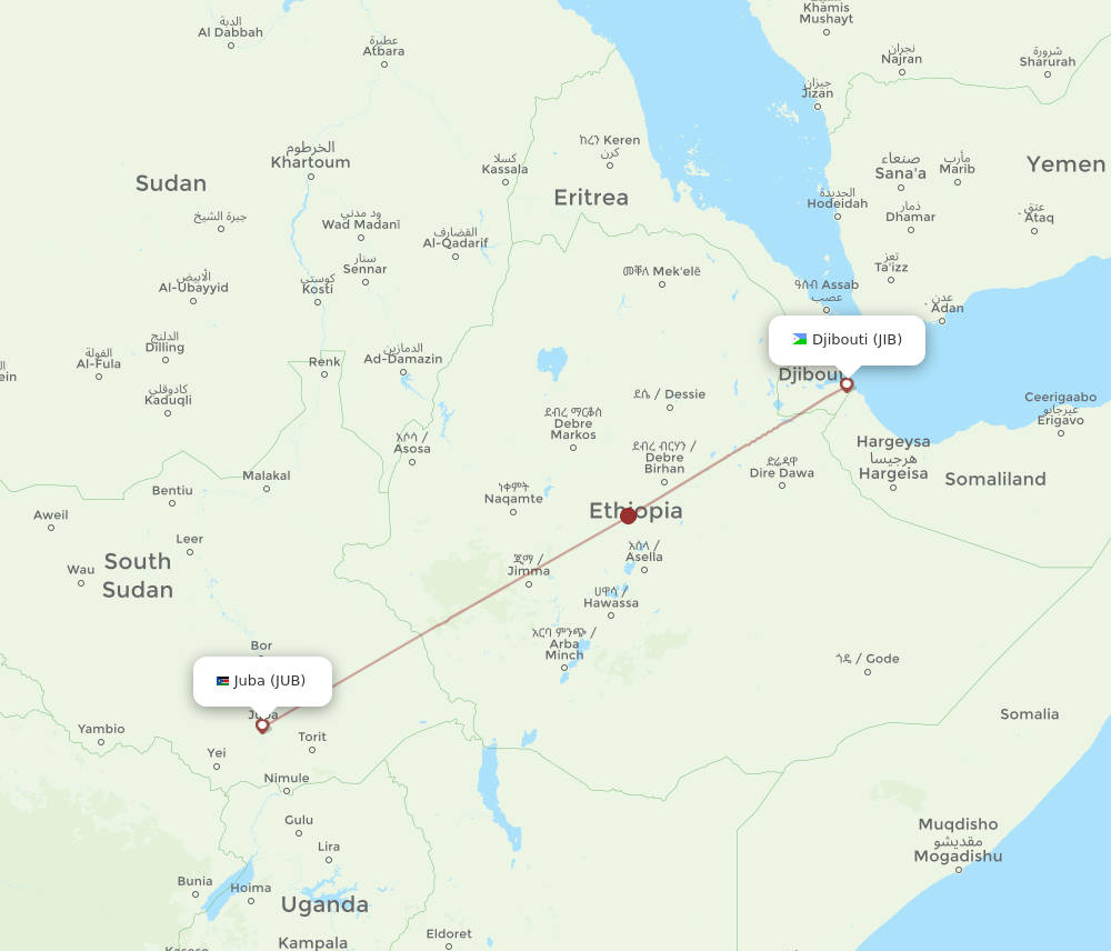 Djibouti - Juba route map and flight paths