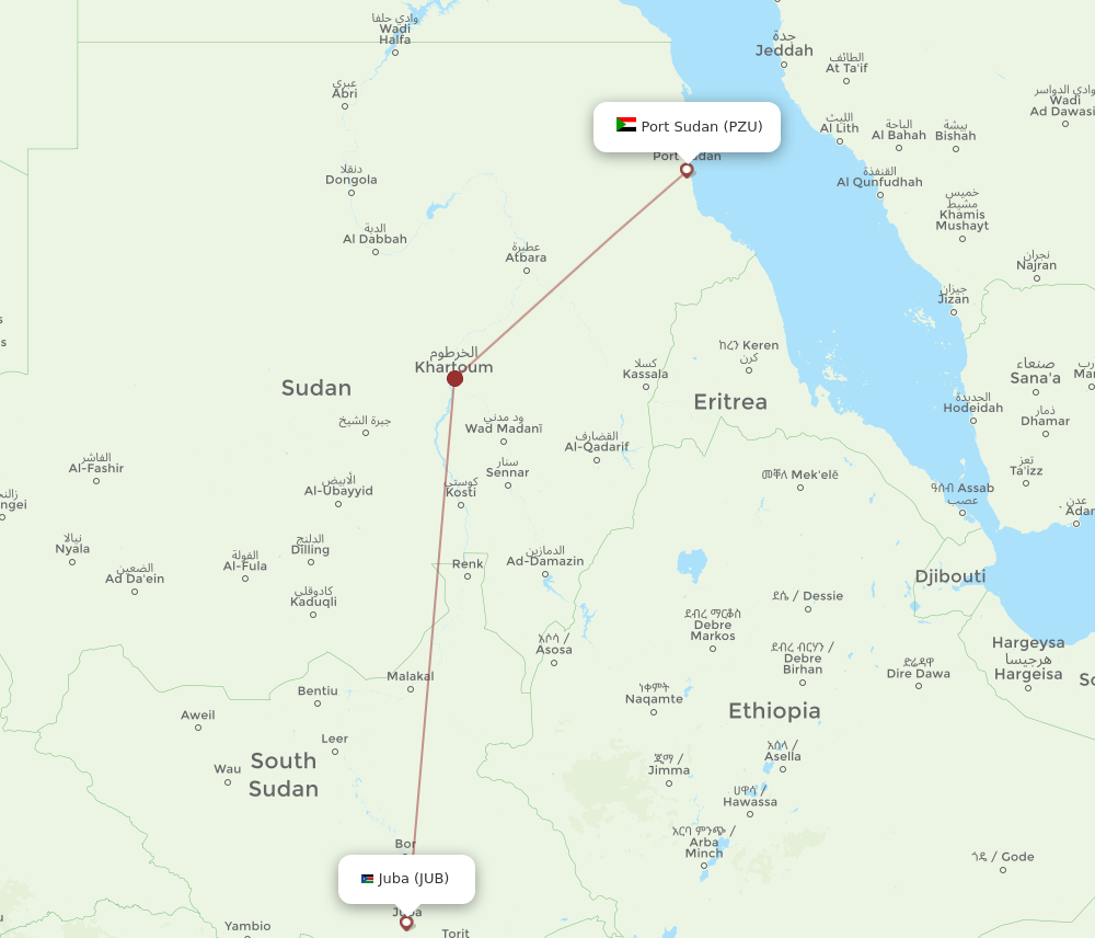 PZU to JUB flights and routes map