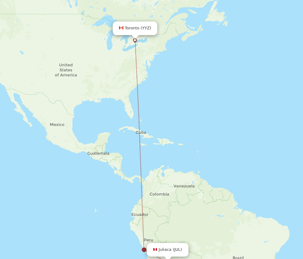 Toronto - Juliaca route map and flight paths
