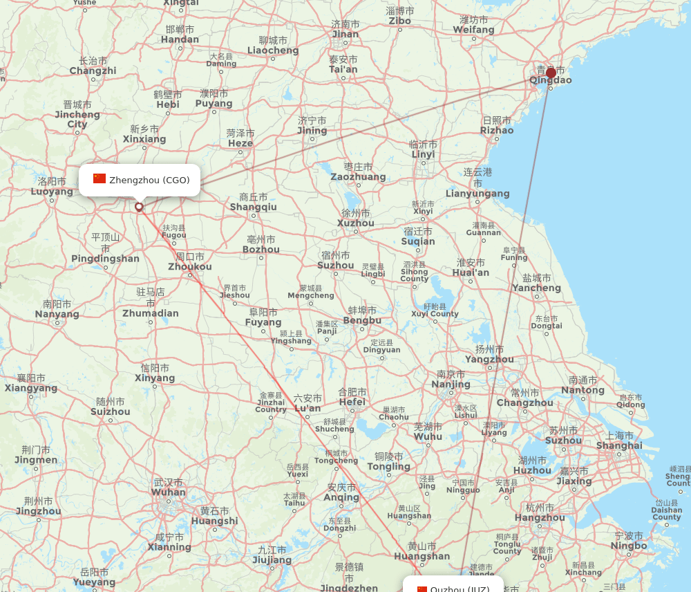 Quzhou, Zhejiang Province - Zhengzhou route map and flight paths