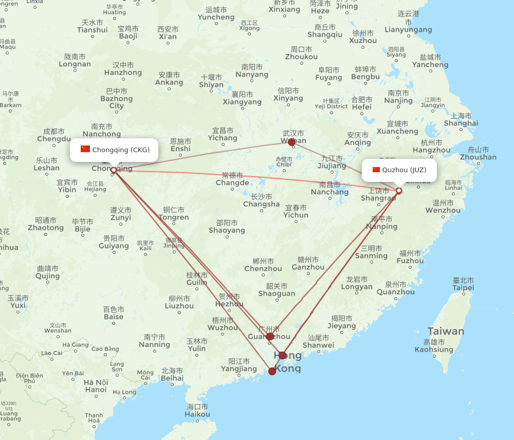 JUZ to CKG flights and routes map