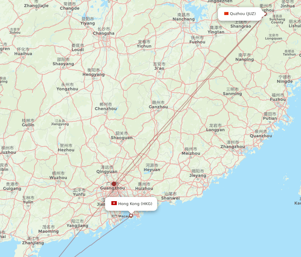 Hong Kong - Quzhou, Zhejiang Province route map and flight paths