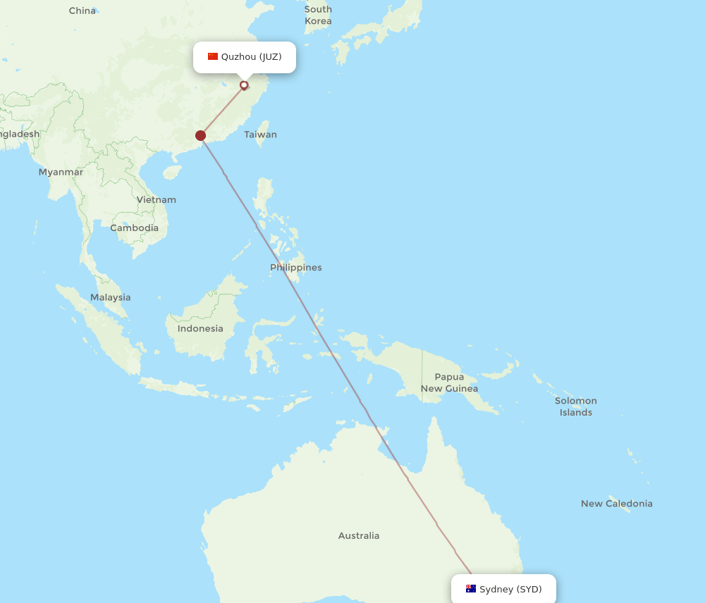 Sydney - Quzhou, Zhejiang Province route map and flight paths