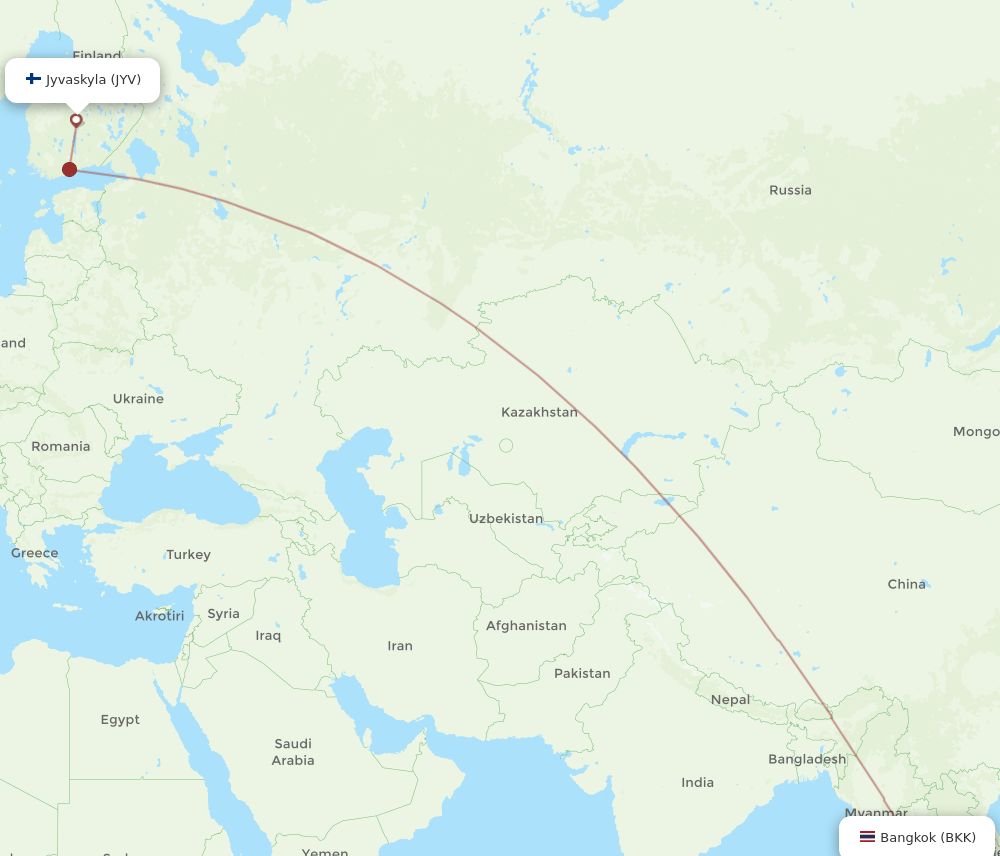 Bangkok - Jyvaskyla route map and flight paths