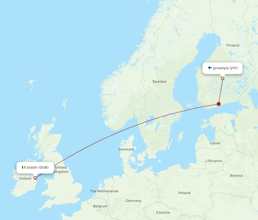 JYV to DUB flights and routes map