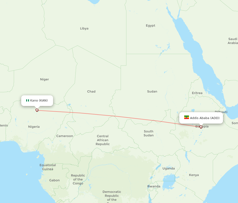 Kano - Addis Ababa route map and flight paths
