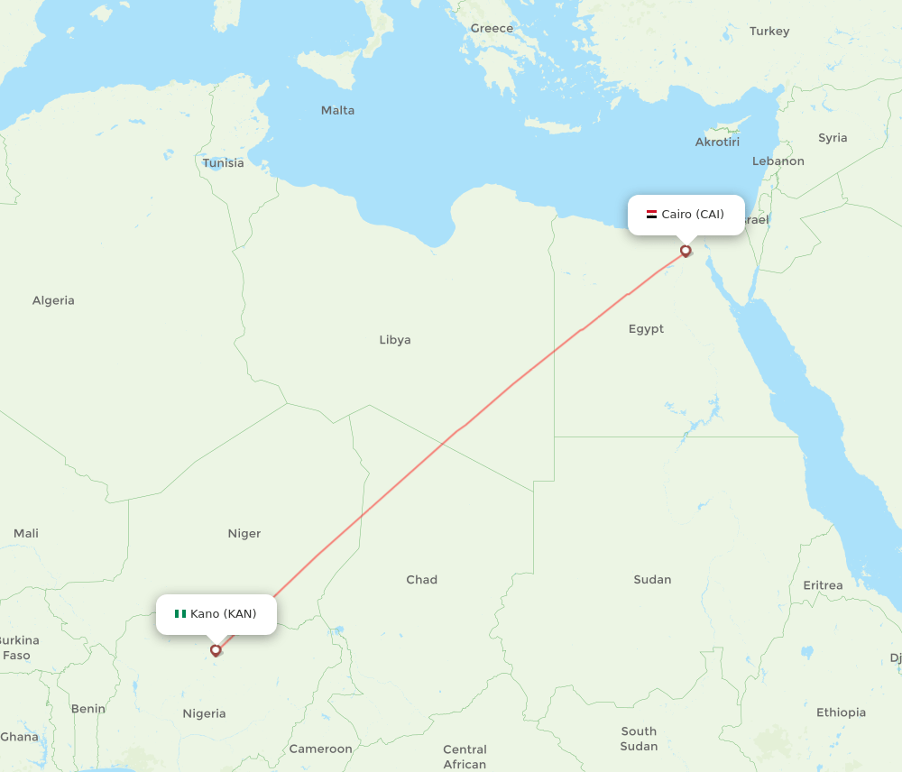 Kano - Cairo route map and flight paths
