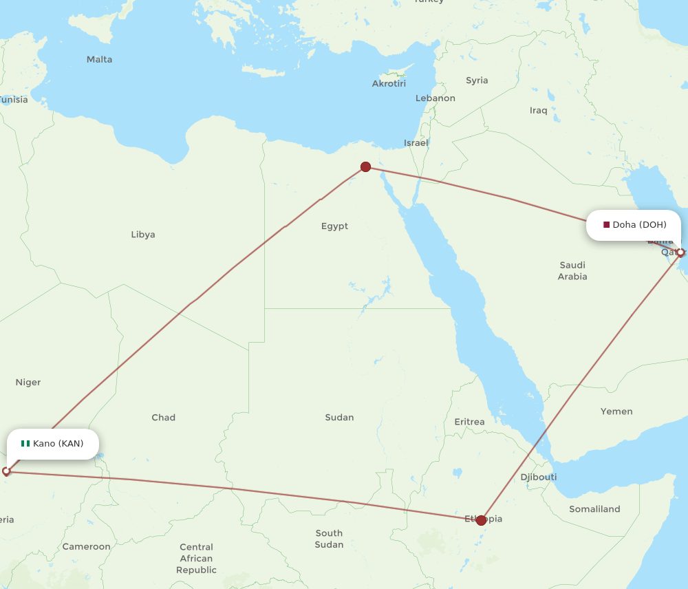 KAN to DOH flights and routes map
