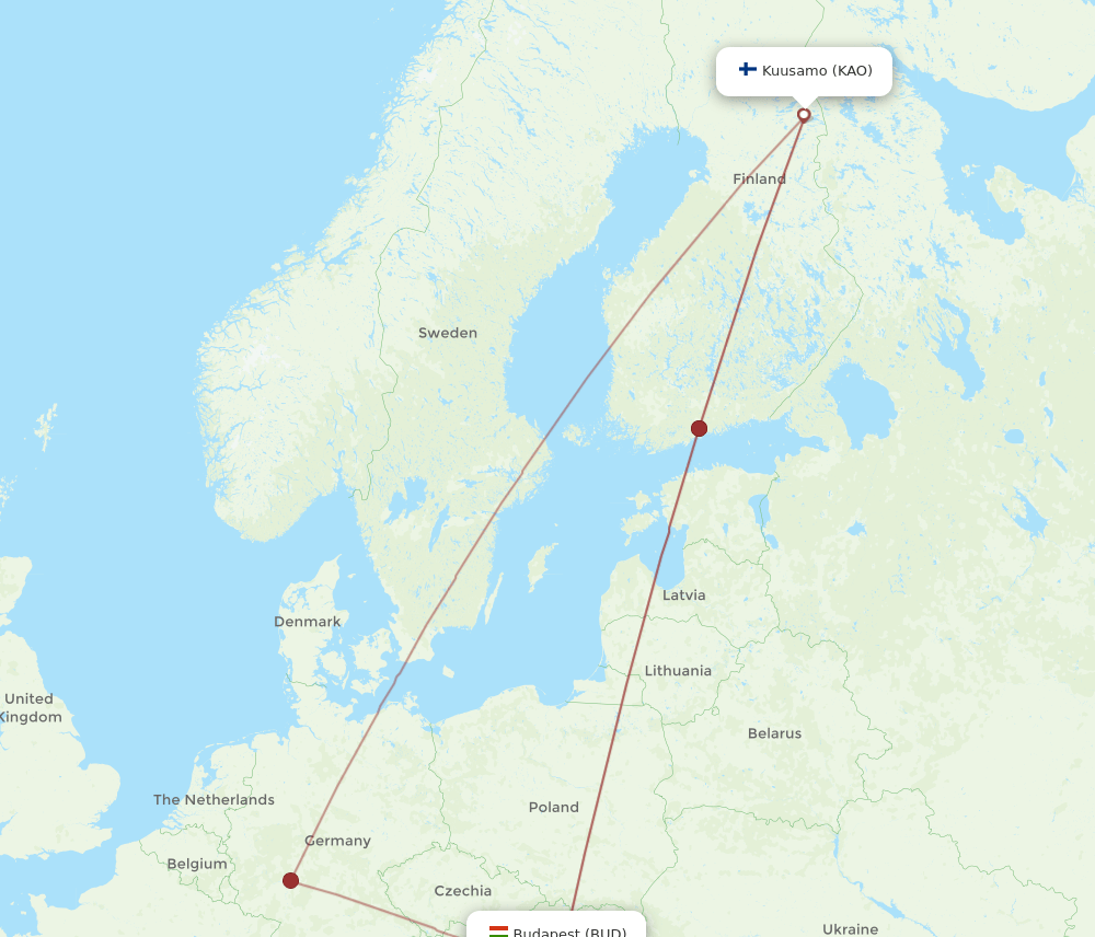 KAO-BUD flight routes