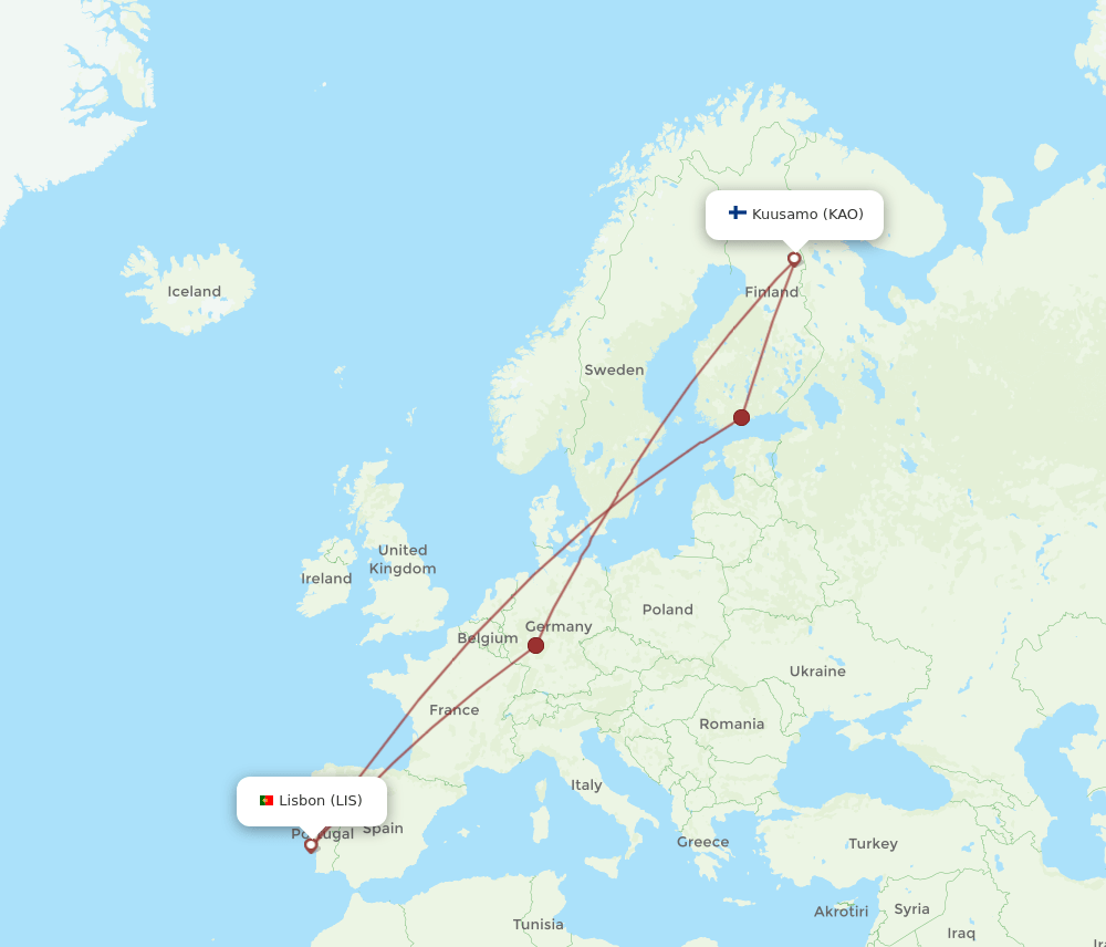KAO to LIS flights and routes map