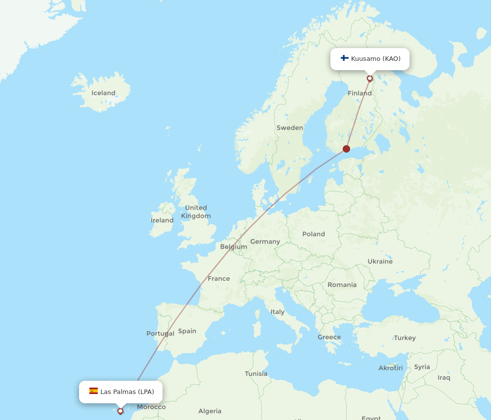 Kuusamo - Las Palmas route map and flight paths