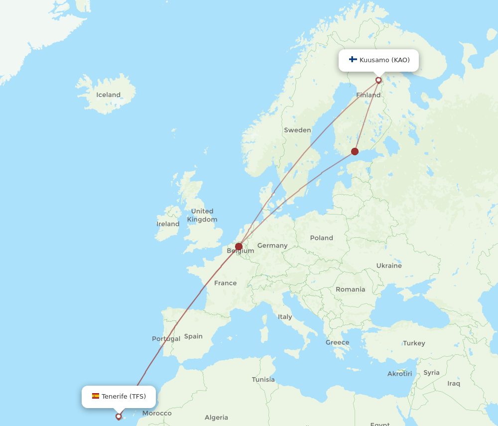 Tenerife - Kuusamo route map and flight paths