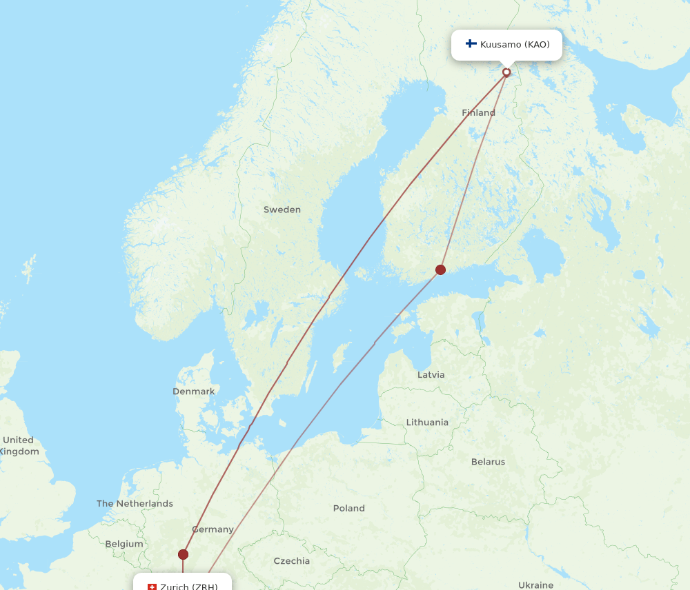 Zurich - Kuusamo route map and flight paths