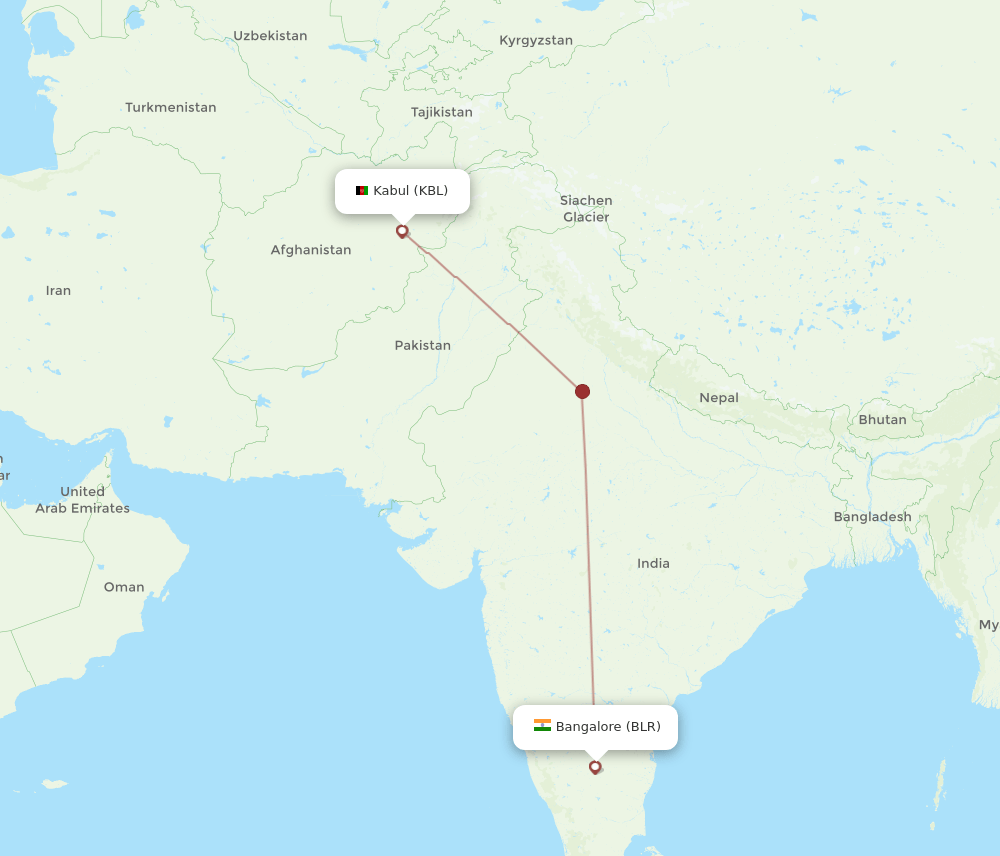 Kabul - Bengaluru route map and flight paths