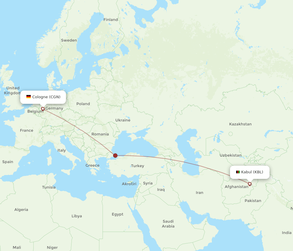 Cologne - Kabul route map and flight paths