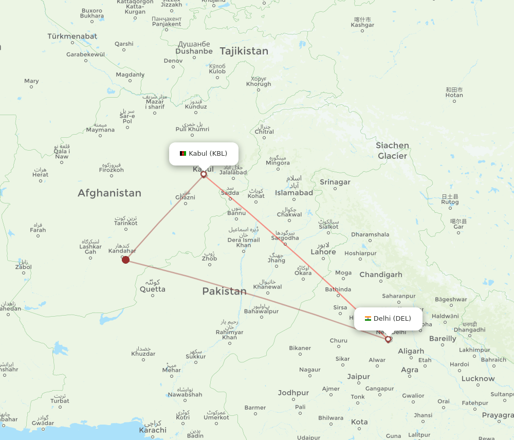 Delhi - Kabul route map and flight paths