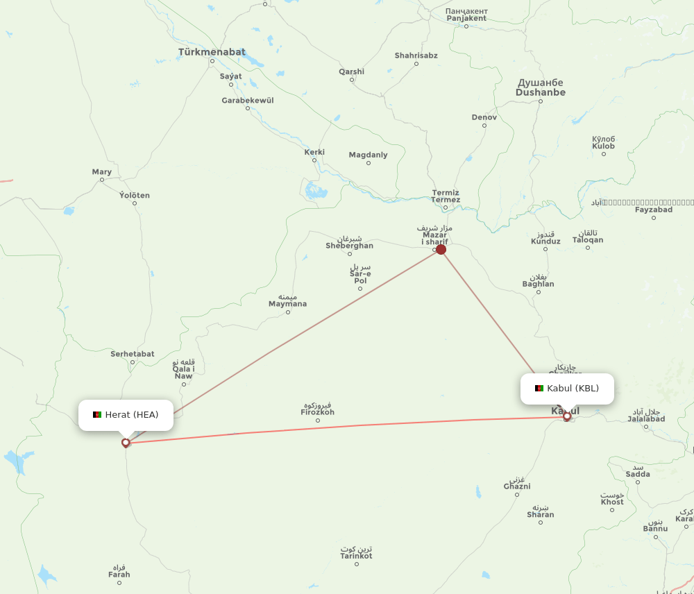 Herat - Kabul route map and flight paths