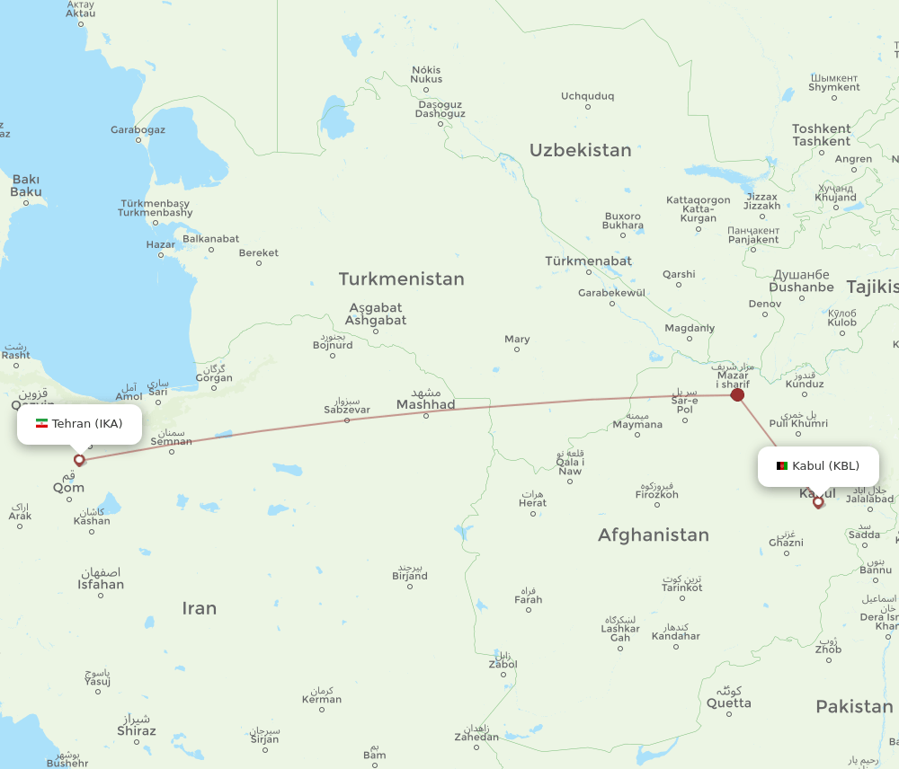 Tehran - Kabul route map and flight paths