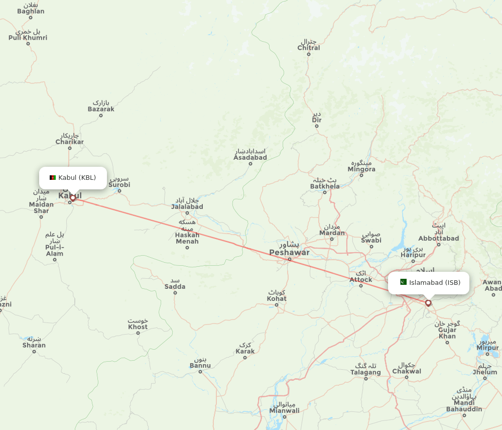 KBL to ISB flights and routes map