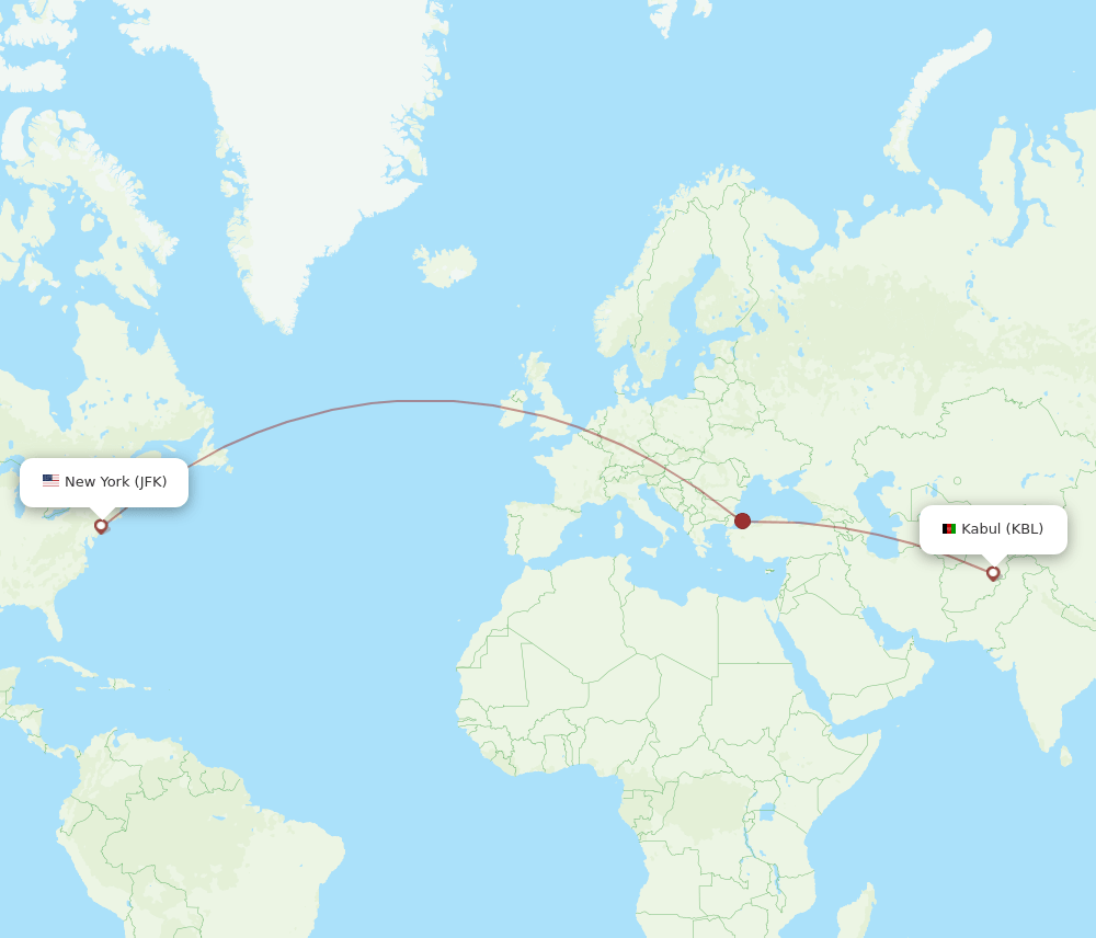 New York - Kabul route map and flight paths