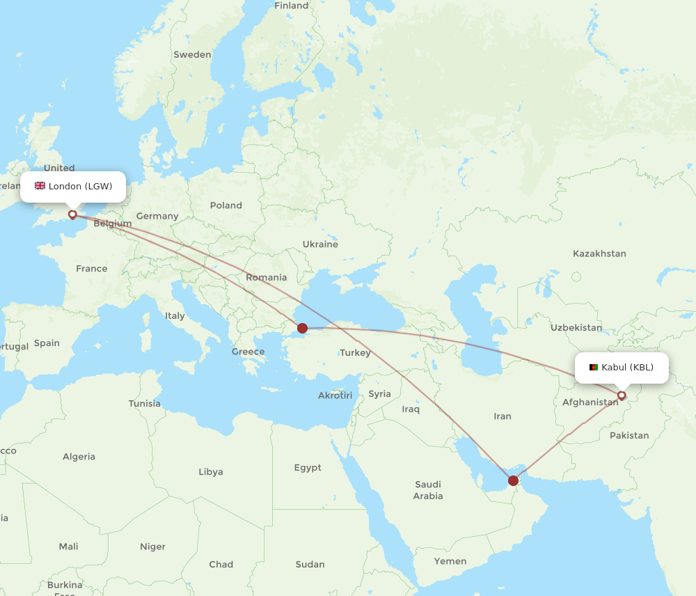 KBL-LGW flight routes