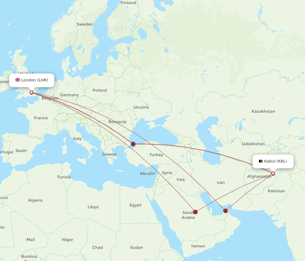 KBL to LHR flights and routes map