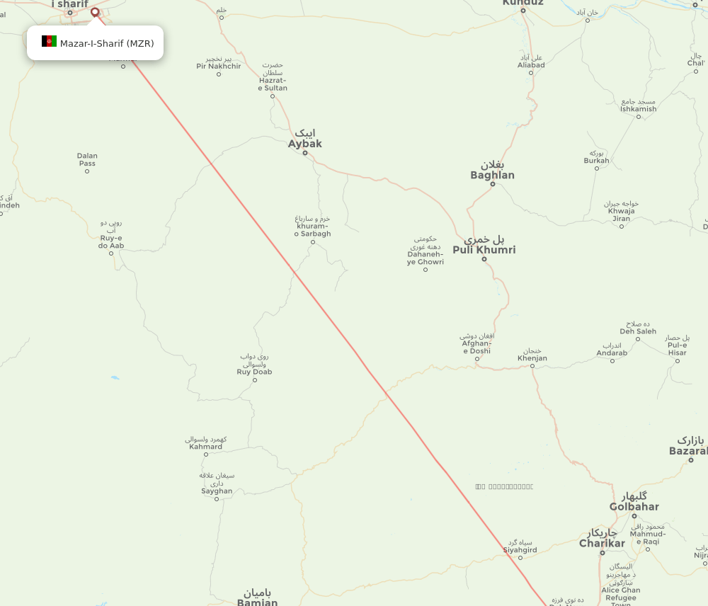 Kabul - Mazar-I-Sharif route map and flight paths